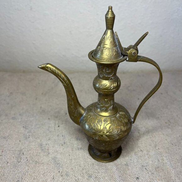 brass Other - Vintage India Ornate Floral Etched Brass Oil/Tea Kettle